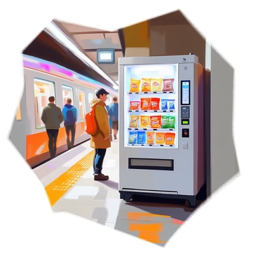 A vending machine positioned on a bustling metro platform, displaying a variety of snacks and drinks. The machine features brightly colored packaging, showcasing chips, candy bars, and bottled beverages. The platform is filled with commuters, some standing nearby while others are walking past. In the background, a train approaches, with its headlights illuminating the scene. The vending machine stands prominently, inviting passengers to make a selection.