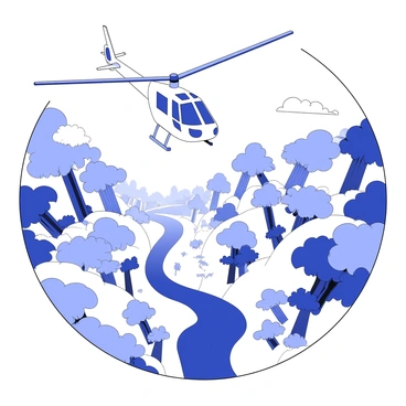 An R66 helicopter is flying above a dense jungle. The helicopter features a sleek fuselage with a rotatable main rotor and a tail rotor. Below, the jungle is filled with lush trees, some with large leaves and thick trunks. The canopy is vibrant with various shapes of foliage, and there are occasional clearings revealing the ground below. In the distance, a river snakes through the jungle, reflecting the shapes of the surrounding vegetation.