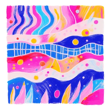 A vibrant composition displays layers of various textures and patterns. The top layer features bold, swirling lines in contrasting colors, interspersed with smooth, circular shapes. Below, a grid-like pattern of small squares creates a sense of structure. The background showcases a blend of rough, jagged surfaces alongside soft, wavy forms, enhancing the visual complexity. Each layer interacts harmoniously, drawing the viewer's attention to the intricate details and the interplay of textures. The overall effect is a dynamic and engaging abstract piece.