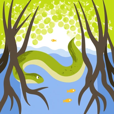 A moray eel with a smooth, spotted greenish-brown body is seen gracefully slithering through the tangled, thick roots of a mangrove forest. The roots are dark brown, intertwined, and submerged partially in clear, blue water. Small fish dart around the eel, adding movement to the scene. Sunlight filters down through the dense canopy of green mangrove leaves above, casting dappled light patterns on the water's surface.