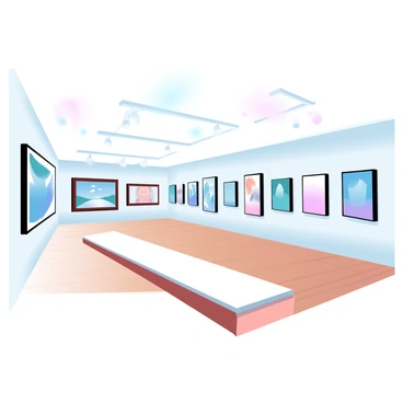 An art gallery with spacious walls displaying a variety of paintings. Each painting showcases different colors and themes, framed neatly and arranged in an orderly fashion. A long board runs along the floor, providing a base for the artwork above. The gallery has polished wooden floors reflecting the light from overhead fixtures, creating a warm ambiance. Subtle gradient pastel colors fill the backgrounds, enhancing the vibrancy of the paintings.