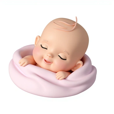 A peaceful baby face with closed eyes, soft cheeks, and a small, gentle smile while sleeping. The baby's tiny hands are tucked under their cheek, creating a serene pose. Delicate wisps of fine hair frame the baby's forehead, and their small nose is perfectly shaped. The skin appears smooth and slightly rosy, with a hint of warmth. The baby's environment includes a soft, pastel-colored blanket draped around them, enhancing the tranquility of the scene.