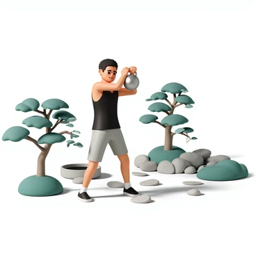 A person, dressed in a fitted black tank top and grey shorts, is practicing kettlebell swings in a tranquil Japanese zen garden. The individual has a focused expression, swinging a shiny, silver kettlebell with both hands. Surrounding them are neatly raked pebbles and strategically placed rocks. Elegant bonsai trees and vibrant green moss add to the serene atmosphere, while a small bamboo water fountain gently flows in the background. Soft sunlight filters through the leaves, casting dappled shadows on the ground.