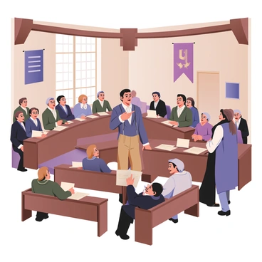 A digital flat illustration depicting an old-time congress scene. Several delegates are gathered in a large room filled with wooden benches. The delegates are wearing "powdered wigs" and "colonial attire," with a mix of colors such as blue, brown, and white fabric. Some delegates are standing while others are seated, engaged in animated discussions. The room is adorned with large wooden beams and banners hanging from the walls. A tall man at the front is gesturing emphatically, while others take notes on parchment paper. A large window lets in natural light, illuminating the scene.