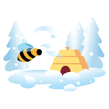 A bee is hovering in a snowy landscape filled with white snowdrifts and patches of ice. The hive is depicted as a warm, glowing structure, radiating soft light amidst the cold surroundings. The background features tall, frosted trees blanketed in snow. Gentle snowflakes are falling, adding to the wintry scene, while the bee's wings are delicately blurred to show motion as it approaches the hive.