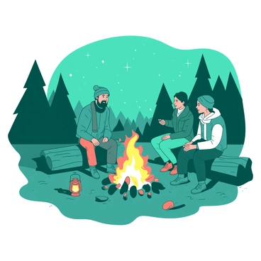 A teal campfire is blazing in the center of a clearing, surrounded by four travelers sitting on rugged logs. Each traveler, dressed in warm, outdoor clothing, is engaged in animated conversation. One traveler has a small orange lantern placed beside them, casting a warm glow. The flames of the campfire flicker, illuminating their faces as they share eerie tales about "werewolves." Shadows dance around the campfire, and the night sky is filled with stars, adding to the atmosphere of adventure and storytelling.