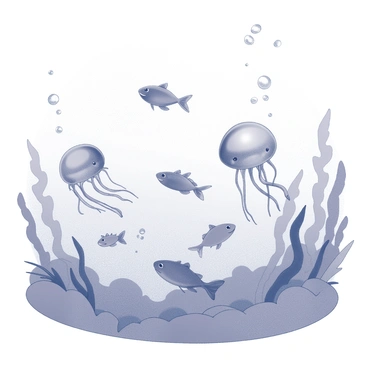 An underwater scene filled with various ethereal creatures gracefully swimming. The creatures have soft, flowing forms resembling jellyfish, with tendrils gently trailing behind them. There are also fluid shapes that mimic the movement of fish, gliding through the water with elegance. Bubbles rise from the creatures, creating a sense of motion and depth in the water. The background features layers of water plants, waving gently with the currents, adding to the dreamlike quality of the scene. The overall composition conveys a tranquil and fluid environment, where the creatures appear to embody abstract thoughts.
