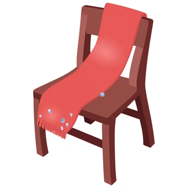 A red scarf is draped elegantly over the back of a wooden chair. The scarf has a soft, textured fabric that gently cascades down the chair. Small silver jingle bells are attached to the edges of the scarf, glinting softly in the light. The chair is positioned against a backdrop of a warm, cozy setting, subtly enhancing the overall ambiance without being overtly detailed.