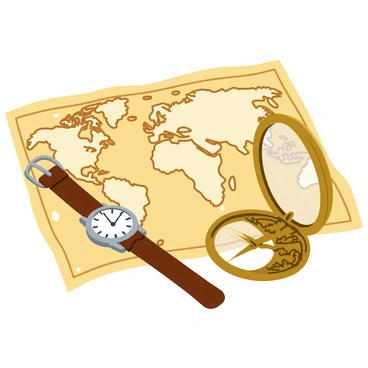 A classic wristwatch with a brown leather strap lies on an old world map, showcasing intricate details of historical borders and continents. The watch has a round silver face with Roman numerals, and its glass reflects the surrounding light. Next to the watch is a brass compass, featuring ornate engravings on its case. The compass needle is pointing north, and it has a clear glass cover that enhances its vintage charm. The map is slightly wrinkled, with visible age spots, adding to the overall historical atmosphere of the scene.