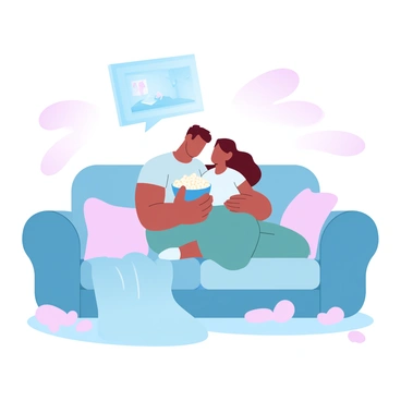 A couple is snuggling on a comfortable couch, surrounded by soft blankets. They are sitting close together, with one person holding a large bowl of popcorn. The couch is adorned with colorful cushions, creating a warm atmosphere. In front of them, a screen shows a movie scene, with a faint glow illuminating the cozy setting. Soft, gradient pastel colors fill the room, enhancing the intimate ambiance of the movie night. A few scattered blankets are draped over the couch, adding to the comfort of the scene.