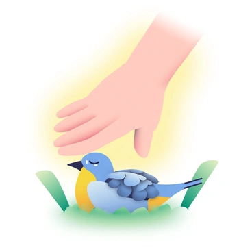 A gentle hand with soft features is reaching out towards a small, injured bird resting on a bed of green grass. The bird has ruffled feathers in shades of blue and yellow, and its eyes are closed in a peaceful manner. Surrounding the scene is a warm, glowing light that creates an ethereal aura around the hand and the bird, enhancing the sense of care and healing. The background consists of softly blurred greenery, adding to the tranquil atmosphere of the image.