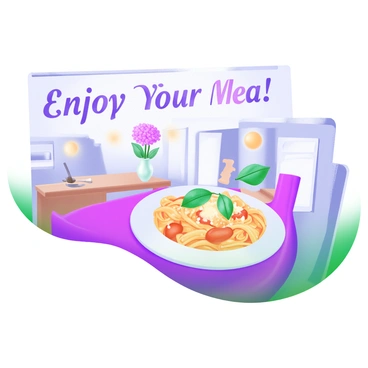 A voucher displaying an appetizing plate of pasta arranged beautifully with a garnish of fresh basil and grated cheese. The background features a cozy dining room setting, complete with a wooden table, soft ambient lighting, and a vase of flowers. The words "Enjoy Your Meal!" are prominently featured in elegant, cursive font at the top of the voucher.
