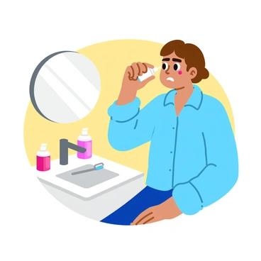 A person with short brown hair is sitting on a white bathroom sink, wincing as they hold a small bottle of eye drops above their right eye. The person's expression shows discomfort as they tilt their head back slightly. They wear a light blue shirt and have a focused look on their face. A small mirror is visible behind them, reflecting their actions. On the sink, there are various toiletries arranged neatly, including a toothbrush and a soap dispenser. The background features a light-colored bathroom wall.