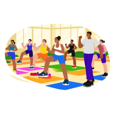 A group fitness class featuring six individuals performing synchronized leg extensions. Each person is in a standing position, lifting their right leg straight out in front of them. They are wearing colorful workout attire, with variations in tank tops and shorts. The setting includes bright exercise mats underneath each participant and a large mirror in the background reflecting their movements. The instructor at the front of the class demonstrates the exercise with enthusiasm, creating a motivating atmosphere. Sunlight streams in through windows, illuminating the scene with a warm glow.