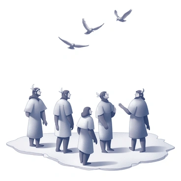 Ancient humans observing the sky as birds migrate across the ice