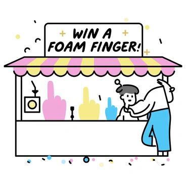 A carnival game booth with a colorful striped canopy. The booth is decorated with bright lights and posters advertising the game. A large sign above the booth reads, "Win a Foam Finger!" in bold letters. Inside the booth, several foam fingers in various colors are displayed prominently as the top prize. A game attendant, wearing a festive apron, stands behind the counter, ready to assist players. Brightly colored balls are available for throwing at targets, creating a lively and engaging atmosphere. The ground in front of the booth is covered with colorful confetti.