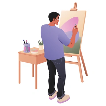 An individual is standing in front of a large canvas, focused on painting. The person has medium skin, short dark hair, and is wearing a casual blue shirt and dark jeans. They are holding a paintbrush in their right hand and applying vibrant colors to the canvas. In the background, there is a small office table made of light wood, cluttered with art supplies including paint tubes, brushes in a holder, and a small potted plant. The lighting is warm and highlights the individual's concentration as they create their artwork.