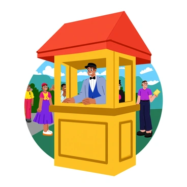 A vintage ticket booth from the 1920s with ornate woodwork and a bright red awning. The booth has a small window where tickets are being sold. A cheerful attendant stands behind the counter, wearing a classic outfit with a bow tie and a newsboy cap. The attendant has a big smile as they hand a ticket to a customer. The background includes a bustling scene with people dressed in period clothing, walking by and enjoying the atmosphere. Soft sunlight casts warm highlights on the booth and the attendant, creating a lively and inviting scene.