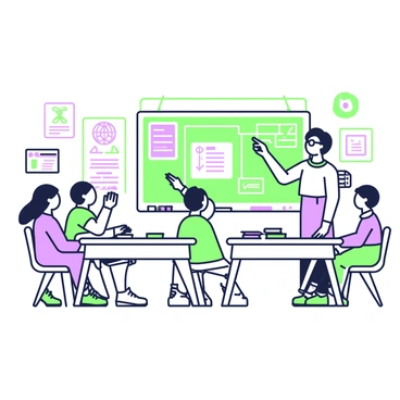 A classroom setting with several students and teachers engaged in a discussion about educational reform policies. On one side, a teacher with glasses stands at the front, pointing towards a chalkboard filled with various ideas and diagrams. The chalkboard features bullet points, flowcharts, and keywords highlighted. A group of students, with varied hairstyles and clothing, is seated at desks, taking notes and raising their hands to contribute. The room is filled with educational posters on the walls, and there are books and notebooks scattered across the desks.