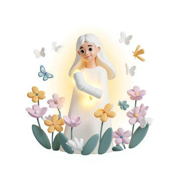 A guardian spirit with a soft, glowing aura, wearing an "ethereal gauntlet" that shimmers with light. The spirit has delicate features and flowing hair, appearing serene and wise. Surrounding the spirit are vibrant flowers in various colors, with petals that seem to gently sway. Numerous butterflies of different species flutter around, their wings displaying intricate patterns. The scene is tranquil, with a sense of harmony among the spirit, flowers, and butterflies.