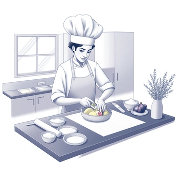 A chef is standing at a countertop, focused on preparing a fig tart. The chef, wearing a white apron and a chef's hat, is skillfully slicing fresh figs with a sharp knife. There are various ingredients laid out on the countertop, including flour, sugar, and butter, all arranged in neat bowls. A rolling pin rests beside a sheet of dough, which is being rolled out to fit a tart pan. The kitchen is equipped with wooden cabinets, and sunlight streams through a window, illuminating the workspace. A bouquet of fresh herbs sits in a vase on the counter, adding a touch of liveliness to the scene.