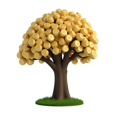 A large tree with a sturdy trunk and branches extending outward. Instead of leaves, there are shiny gold and silver coins hanging from the branches, reflecting light. The coins vary in size, some small like quarters and others larger like silver dollars. The base of the tree is surrounded by freshly turned soil and scattered coins, emphasizing the theme of financial growth. Sunlight filters through the coins, creating a shimmering effect.