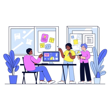 A group of three digital artists working together in a modern office. One artist is sitting at a desk with a computer, showcasing a vibrant digital artwork on the screen. Another artist stands nearby, holding a stylus and pointing at a design displayed on a tablet. The third artist is seated to the side, sketching ideas on a notepad. The office features large windows letting in natural light, and there are plants in the corners. A whiteboard filled with sketches and notes can be seen in the background.