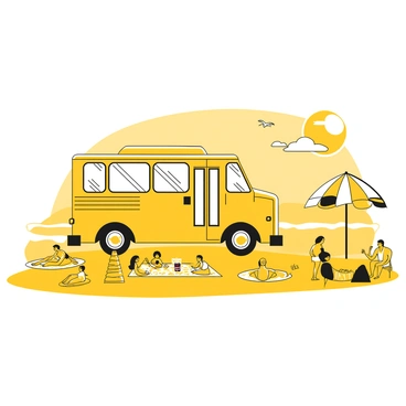 A small bus with a simple design is parked on the edge of a sandy beach. The bus has a clear windshield and large windows. In front of the bus, several people are spread out, lounging on beach towels under the sun. Some individuals are playing frisbee, while others are building sandcastles. A couple of umbrellas are set up nearby, providing shade to a family having a picnic. In the background, the ocean waves are gently rolling onto the shore, and a few seagulls are flying above.