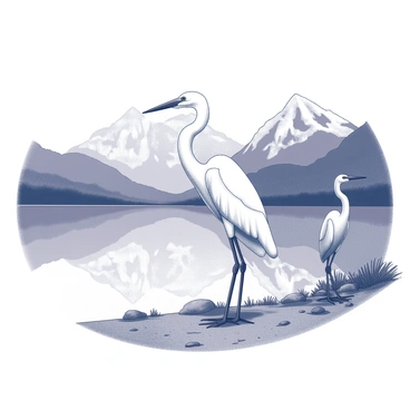 An egret standing by a serene mountain lake with snow-capped peaks in the background