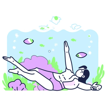 A person is underwater performing clamshell exercises. The individual is wearing a swimsuit and is positioned on their side, lifting one leg at a time. Surrounding the person, various fish of different sizes and shapes swim gracefully, creating a dynamic atmosphere. Soft light filters through the water from above, illuminating the scene. Bubbles rise from the person's movements, adding a sense of motion. The underwater environment includes patches of coral and seaweed in the background, enhancing the vividness of the setting.