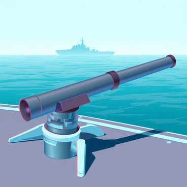 A machine gun mounted securely on the deck of a naval ship, showcasing its intricate mechanisms and metallic texture. The deck is made of grey steel with visible details of rivets and safety features. Surrounding the ship, the calm sea is a deep blue, reflecting the clear sky above. Gentle waves roll subtly, creating a sense of tranquility. In the distance, a faint silhouette of another naval vessel can be seen on the horizon. The sunlight casts gentle shadows on the deck, highlighting the machine gun's formidable presence.
