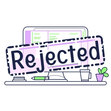 A large stamp with the word "Rejected" printed prominently in bold letters is positioned across an inforce illustration request form. The form is lying on a wooden desk, with visible lines and sections detailing various insurance information. Beside the form, there is a green pen placed horizontally. In the background, there is a small stack of similar forms neatly piled next to a computer monitor, which is turned off. A coffee mug sits at the edge of the desk, partially filled, and a small potted plant adds a touch of greenery to the workspace.