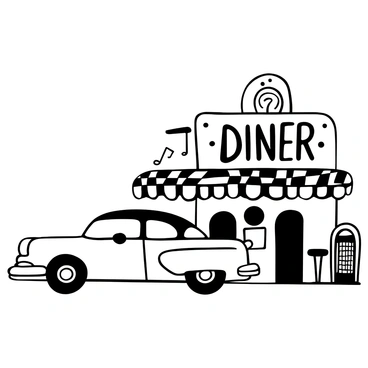 A vintage car with sleek curves and chrome details is parked beside a 1950s diner. The diner features a neon sign that reads "DINER" in bold lettering. There are checkered patterns on the diner’s exterior, and a few vinyl-covered stools are visible outside. A classic jukebox stands near the entrance, with musical notes depicted around it. The ground is paved with black and white tiles, enhancing the retro atmosphere.