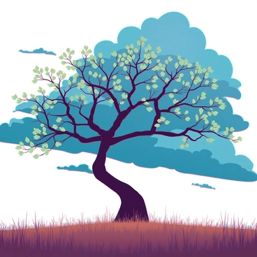 A lone tree swaying in a field under a darkening sky