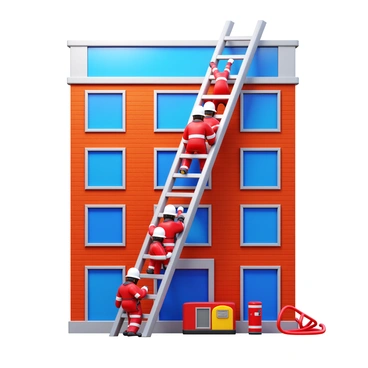 A group of firefighters in bright red uniforms is climbing a tall, extendable ladder. The ladder is against a multi-story building with several windows. The firefighters are wearing helmets and harnesses, and they are focused on their ascent. The scene includes the building's brick facade and a clear blue sky in the background. There are hoses and firefighting equipment positioned at the base of the ladder.
