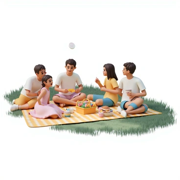 A group of five teenagers, three boys and two girls, sitting on a bright checkered picnic blanket spread out on lush green grass in a park. The boys are wearing casual T-shirts and shorts, while the girls are dressed in colorful summer dresses. A picnic basket filled with various tasty snacks such as sandwiches, fruit, and chips is placed at one corner of the blanket. One girl is holding a frisbee, ready to throw it to one of the boys, who is laughing and preparing to catch it. Another boy is pouring drinks into colorful cups while the remaining girl is lying on her side, eating a snack and chatting with the others. Sunlight filters through the trees, casting dappled shadows on the scene.
