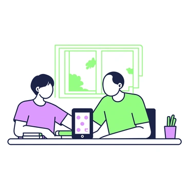 A tech-savvy person is seated at a table, helping an elderly individual with a tablet setup. The tech-savvy person has short hair and is wearing casual attire, including a t-shirt and jeans. They are leaning slightly forward, showing the elderly individual how to use the device. The elderly individual is sitting across the table, looking attentively at the tablet. The tablet displays a setup screen with icons visible. Around the table, there are a few books and a mug filled with green pens. A window in the background lets in natural light, illuminating the scene.