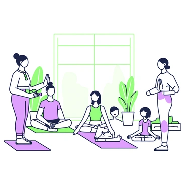 A group of individuals is participating in a yoga class, sitting on mats in a spacious room. They are in various poses, such as lotus and child's pose, demonstrating focus and concentration. In the front, an instructor is standing with an open posture, facing the group while holding a yoga block in one hand. The instructor is providing calming instructions, with their eyes gently closed and arms relaxed at their sides. Soft light filters through a large window, casting subtle shadows of the participants on the floor. The room is decorated with potted plants in the background, enhancing the tranquil atmosphere.