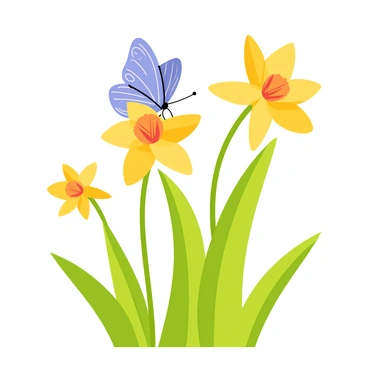 A delicate butterfly with vibrant blue and orange wings is perched on a bright yellow daffodil flower. The butterfly has intricate patterns on its wings, capturing the sunlight that filters through surrounding green leaves. The daffodil stands tall among other green plants in the garden, with a clear blue sky in the background, enhancing the cheerful atmosphere of the sunny garden.