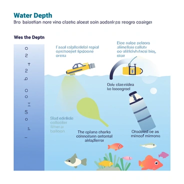 A detailed diagram illustrates the effects of pressure changes on various objects underwater. The diagram includes a large water column on the left side, labeled "Water Depth," with depth markers indicating increasing pressure levels. A small submersible vehicle is depicted at different depths, showcasing its structural integrity at shallow and deep levels. Next to the submersible, a soft, flexible balloon expands as it descends, demonstrating the impact of increasing pressure. A broken scuba tank is shown at the deeper levels, indicating failure due to extreme pressure. Various fish species swim near the bottom, with annotations explaining their adaptations to pressure changes. Each element in the diagram is clearly labeled for educational clarity.