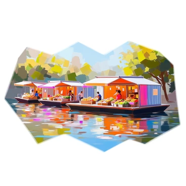 A serene river scene featuring several colorful shipping containers transformed into vibrant floating market stalls. Each container is decorated with bright banners and various goods displayed outside, such as fruits, vegetables, and handmade crafts. Some stalls have small awnings providing shade, while a few vendors interact with customers. The water reflects the colors of the stalls and the surrounding lush greenery, creating a tranquil atmosphere. Soft ripples in the water indicate a gentle breeze, enhancing the peacefulness of the setting.