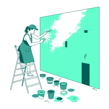An artist wearing a teal apron is standing on a white ladder, carefully applying temporary paint to a large building wall. The artist holds a paintbrush in their right hand and is focused on creating intricate designs. Various paint pots in shades of teal and white are lined up on the ground. Colorful splashes of paint are already visible on the wall, showing the progress of the project. The artist's hair is tied back, and they wear a cap to shield themselves from the sun. In the background, the building's architectural features are visible, enhancing the scene.
