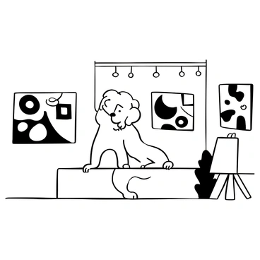 A goldendoodle standing on its hind legs in an art gallery, with its front paws resting on a low railing. The dog is looking towards a series of colorful paintings displayed on the wall. The paintings feature various abstract shapes and patterns. There are several art pieces on adjacent walls, and an easel with a blank canvas is positioned nearby. The floor is polished, and there are subtle shadows cast by overhead lights.