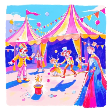 A circus scene is set under a large, colorful tent with a mesmerizing pattern. Performers are scattered throughout the area, each displaying exaggerated expressions of joy and excitement. A clown with a red nose wears a polka-dotted suit and oversized shoes, juggling brightly colored balls. Nearby, a tightrope walker in a vibrant costume is balancing carefully, with arms stretched out for stability. A fire-breather stands at the side, showcasing flickering flames that contrast with their vivid attire. In the background, a magician in a shimmering cape is pulling a rabbit from a top hat. Banners and balloons add splashes of color throughout the scene, enhancing the overall whimsical atmosphere.
