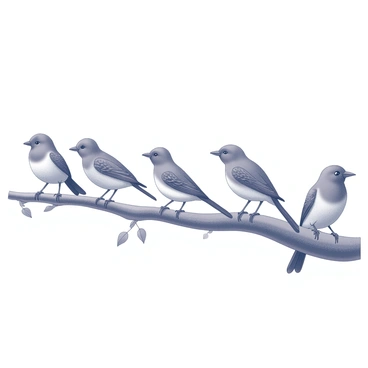 Five birds perched on a sturdy branch. Each bird has distinct features and is in a unique pose. The first bird is small with a rounded body, facing left, its beak slightly open. The second bird is slightly larger, with a sleek body, looking straight ahead. The third bird has a puffed chest, fluffed feathers, and is peering downwards. The fourth bird is stretching its wings, revealing intricate patterns, while the fifth bird sits quietly with one leg tucked under its body, gazing off into the distance. The branch has textured bark and small leaves scattered along its length.