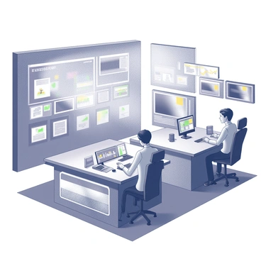 A high-tech newsroom filled with advanced technology and sleek design. Multiple large screens are displaying "holographic representations of current events" that projects vibrant news graphics into the air. Reporters are seated at a modern desk equipped with various technological devices, intently analyzing the information. The background features a wall of digital displays, showcasing live updates and real-time data. The overall atmosphere conveys a sense of urgency and connectivity to global happenings.