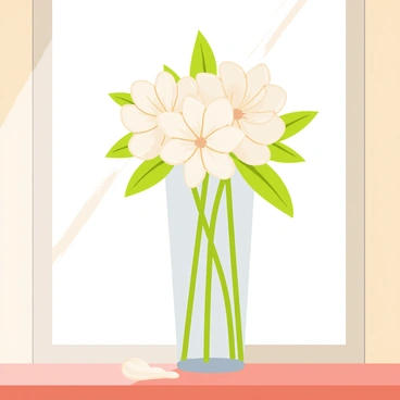 A tall, clear glass vase sits on a wooden windowsill. The vase is filled with fresh white gardenias, their petals velvety and soft. Green leaves surround the flowers, adding a touch of vibrant color. Sunlight streams through the window, casting soft shadows on the surface of the windowsill. A few gardenia petals rest gently on the sill beside the vase.
