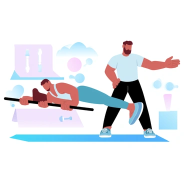 A personal trainer is positioned beside a client performing an inverted row. The trainer is demonstrating proper form, with one hand on the client's back to provide support. The client is gripping a bar with both hands, their body in a straight line, and legs extended out behind them. The training environment includes gym equipment in the background, such as weights and exercise mats. Bright, gradient pastel colors fill the scene, enhancing the focus on the trainer and client’s interaction.