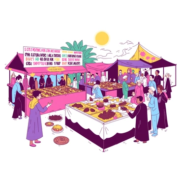 A vibrant scene of a date festival filled with colorful stalls selling various date products. Each stall is adorned with decorative banners showcasing products like date syrup, stuffed dates, and date pastries. Groups of people are gathered around the stalls, some tasting samples while others are engaged in lively conversations. In the background, a few people are participating in traditional dances, adding to the celebratory atmosphere. The sun is shining bright, casting a warm glow over everyone as they enjoy the festivities.
