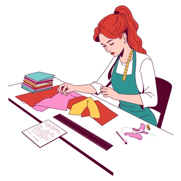 A red-haired woman sits at a large white table, focused on sewing a colorful dress. She is wearing a teal apron and has a measuring tape draped around her neck. On the table, there is a stack of colorful fabric swatches, and several sketches of dress designs are scattered around her. The woman is holding a needle and thread in one hand, while her other hand lightly rests on a fabric pattern. In front of her, a ruler and a notepad filled with notes and measurements are visible, indicating her creative process. The room is well-lit, enhancing her concentration.